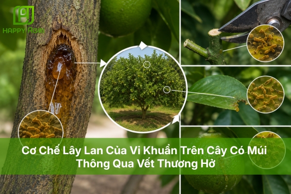 Cơ chế lây lan của vi khuẩn trên cây có múi thông qua vết thương hở.